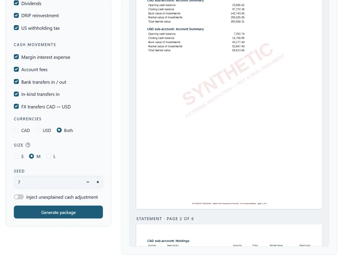Investment Book Keeping: the package settings beside a generated brokerage statement watermarked SYNTHETIC.
